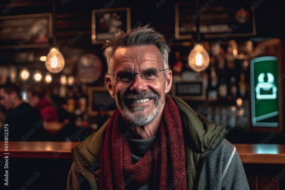 Portrait of happy senior man smiling at camera while standing in pub Portrait of happy senior man smiling at camera while standing in pub