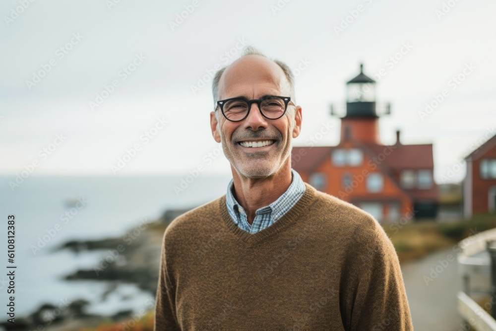 Portrait of a smiling senior man standing in front of a lighthouse Portrait of a smiling senior man standing in front of a lighthouse
