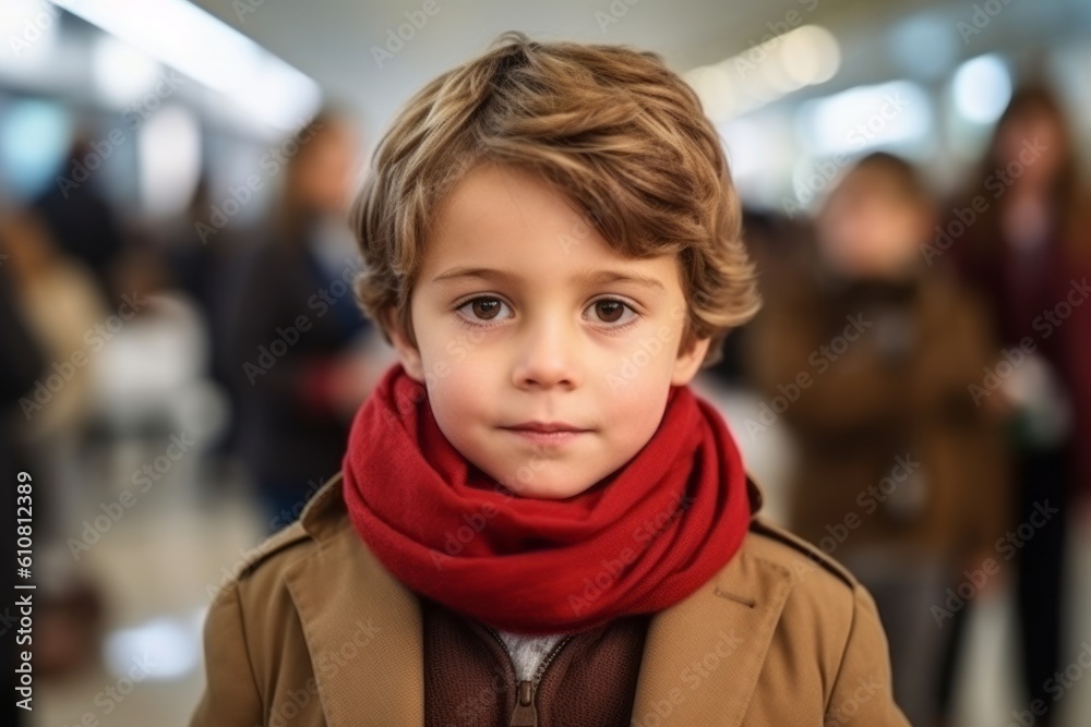 Medium shot portrait photography of a satisfied child male that is wearing a charming scarf against a busy newsroom with journalists and cameras background . Generative AI Medium shot portrait photography of a satisfied child male that is wearing a charming scarf against a busy newsroom with journalists and cameras background . Generative AI