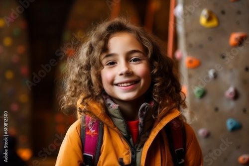 Portrait of a cute little girl with curly hair in a climbing hall