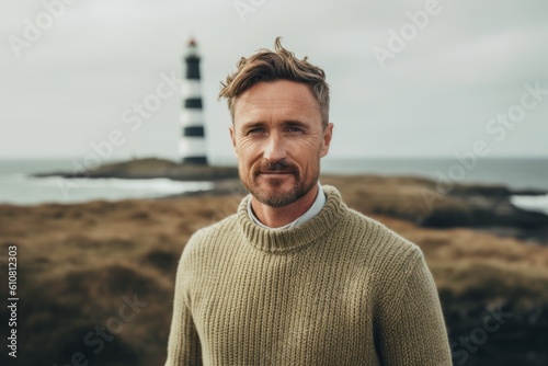 Portrait of a handsome bearded man standing in front of a lighthouse on the north coast of Scotland