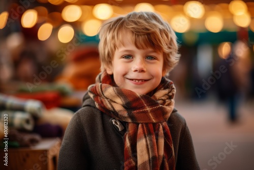 Portrait of cute little boy on christmas market in evening.