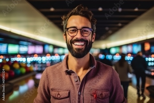 Medium shot portrait photography of a pleased man in his 30s that is wearing a chic cardigan against a noisy and animated bowling alley with friends background .  Generative AI © Leon Waltz