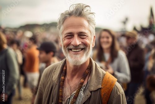 Medium shot portrait photography of a grinning man in his 50s that is wearing a chic cardigan against an outdoor music festival with attendees having fun background . Generative AI