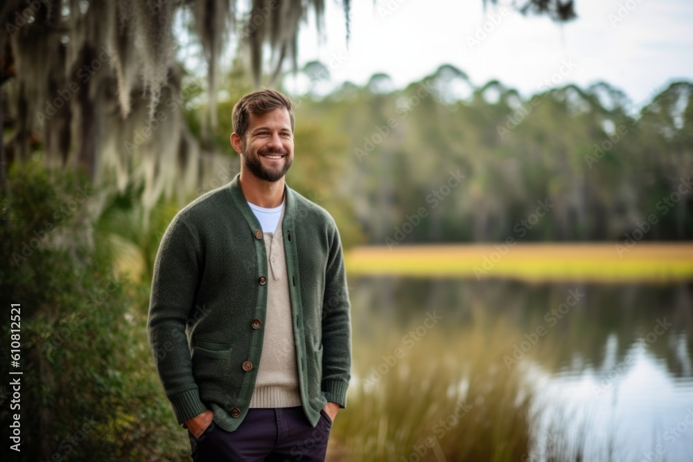 Medium shot portrait photography of a pleased man in his 30s that is wearing a chic cardigan against a swampy or bayou background .  Generative AI