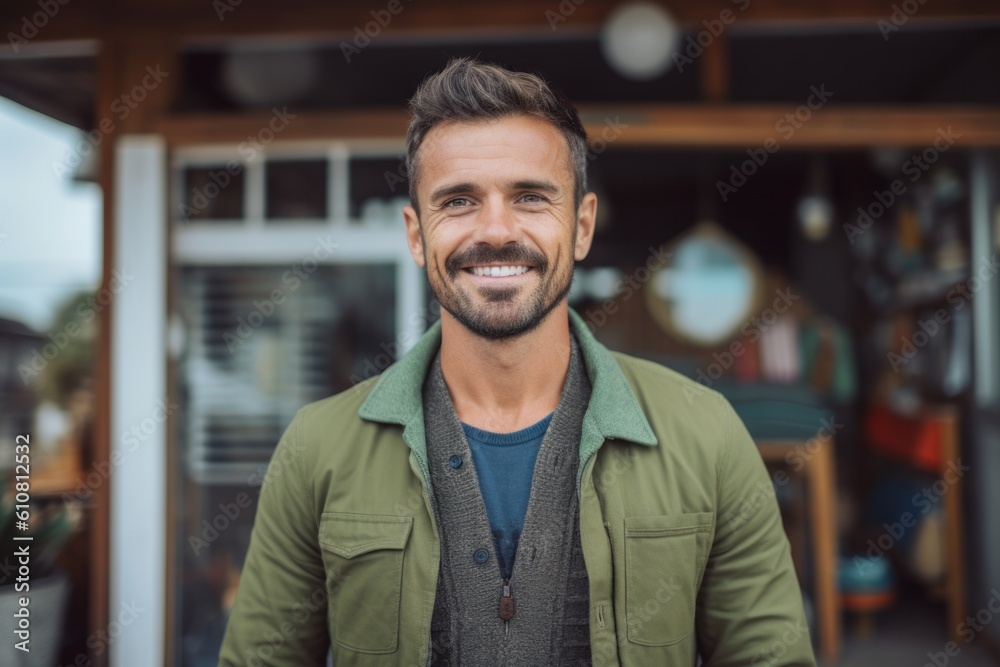 Portrait of handsome man smiling at camera while standing in coffee shop Portrait of handsome man smiling at camera while standing in coffee shop