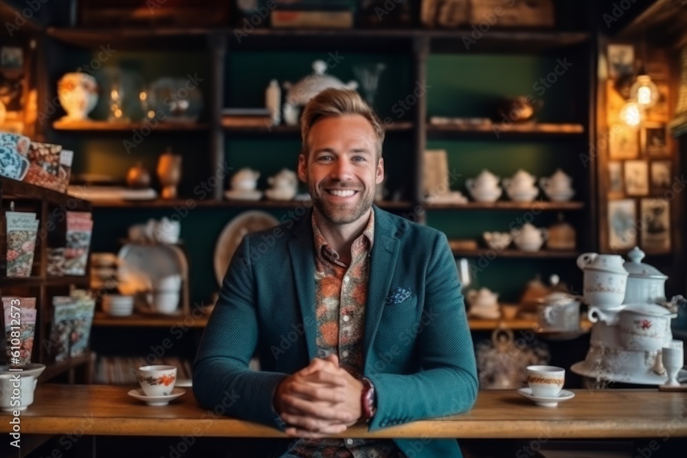 Medium shot portrait photography of a pleased man in his 30s that is wearing a chic cardigan against a tea room or british tea background .  Generative AI