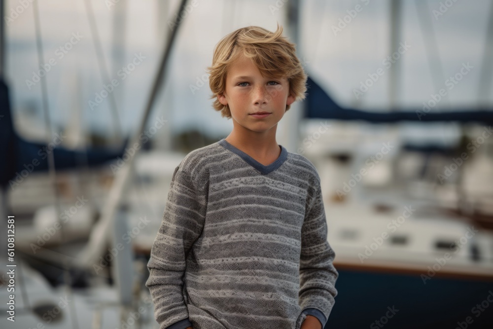 Portrait of a boy standing on the deck of a sailing yacht Portrait of a boy standing on the deck of a sailing yacht