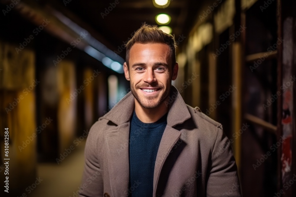 Portrait of a handsome young man smiling at the camera in an underground passage Portrait of a handsome young man smiling at the camera in an underground passage