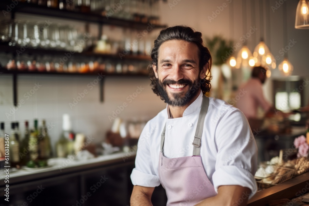 Medium shot portrait photography of a pleased man in his 30s that is wearing a chic cardigan against a well-stocked gourmet kitchen with a chef at work background . Generative AI Medium shot portrait photography of a pleased man in his 30s that is wearing a chic cardigan against a well-stocked gourmet kitchen with a chef at work background . Generative AI