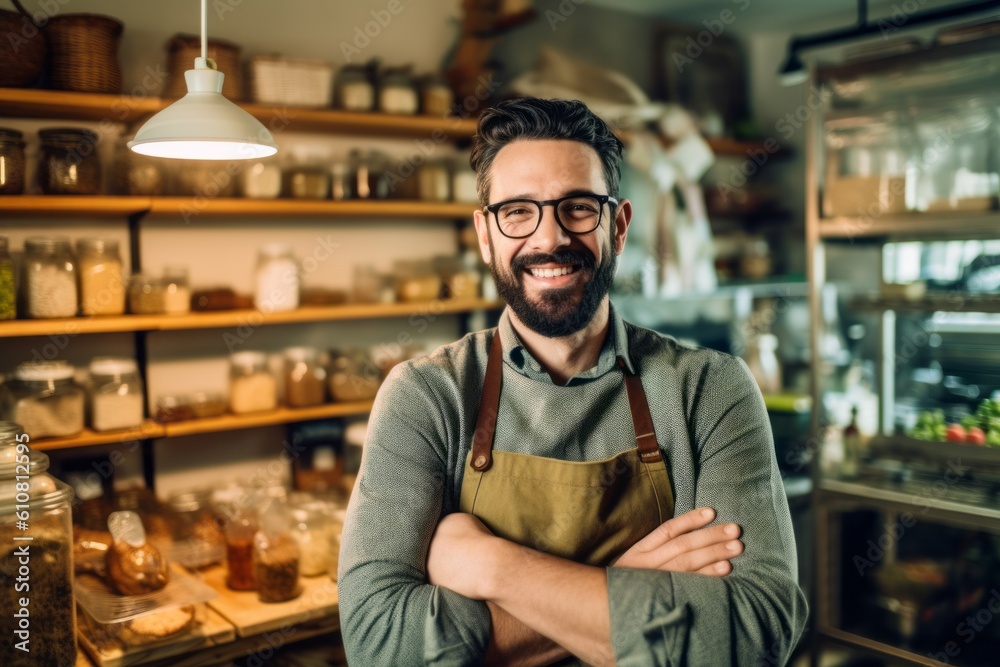 Portrait of a smiling male barista standing with arms crossed in a coffee shop Portrait of a smiling male barista standing with arms crossed in a coffee shop