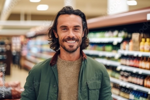 Portrait of handsome man looking at camera while standing in grocery store