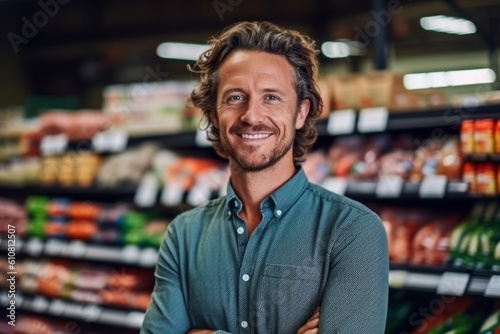 Portrait of smiling man standing with arms crossed in supermarket and looking at camera