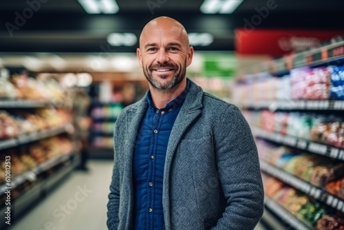 Medium shot portrait photography of a pleased man in his 30s that is wearing a chic cardigan against a supermarket checkout background . Generative AI