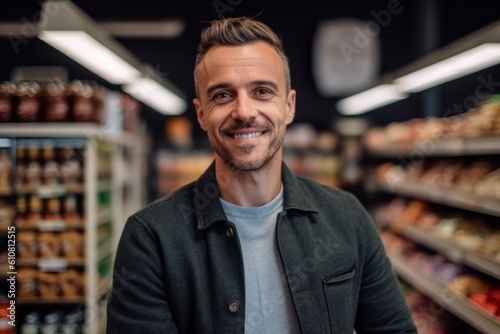 Portrait of smiling man looking at camera while standing in grocery store