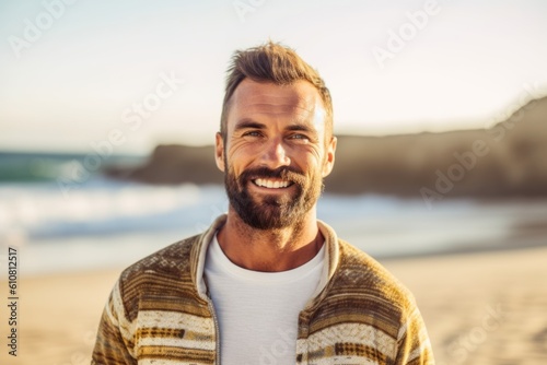 Medium shot portrait photography of a pleased man in his 30s that is wearing a chic cardigan against a surfing competition at a tropical beach background . Generative AI