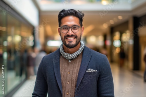 Medium shot portrait photography of a pleased man in his 30s that is wearing a chic cardigan against a shopping mall or retail background . Generative AI