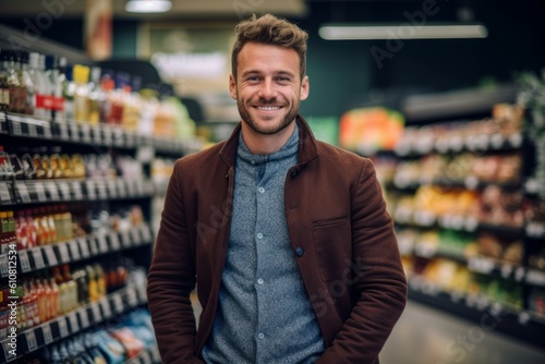 Portrait of handsome young man smiling at camera while standing in supermarket