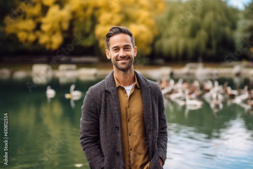 Handsome young man standing in front of a lake surrounded by ducks