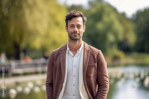 Portrait of a handsome young man standing in the park and smiling