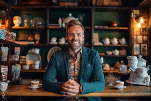 Medium shot portrait photography of a pleased man in his 30s that is wearing a chic cardigan against a tea room or british tea background . Generative AI