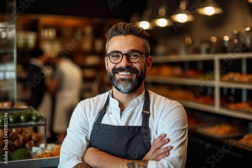 Portrait of a smiling male staff standing with arms crossed in a bakery