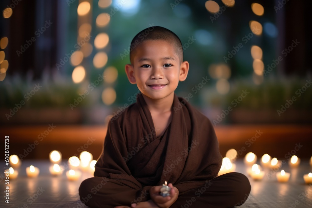 Medium shot portrait photography of a satisfied child male that is wearing a chic cardigan against a serene meditation retreat with monks and candles background .  Generative AI - obrazy, fototapety, plakaty 