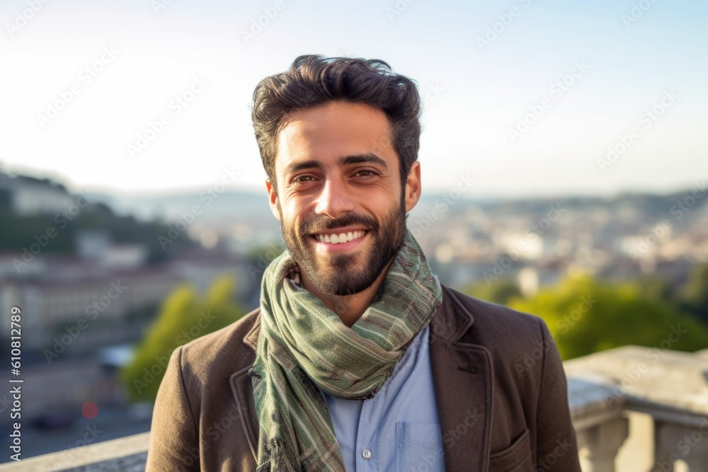 Medium shot portrait photography of a pleased man in his 30s that is wearing a foulard against a cityscape background . Generative AI Medium shot portrait photography of a pleased man in his 30s that is wearing a foulard against a cityscape background . Generative AI