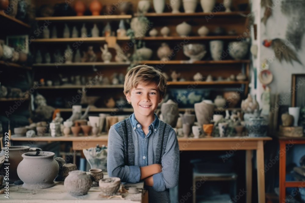 Portrait of a smiling boy in a pottery workshop. Pottery concept