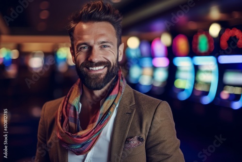 Medium shot portrait photography of a pleased man in his 30s that is wearing a foulard against a casino or gaming floor background .  Generative AI © Leon Waltz