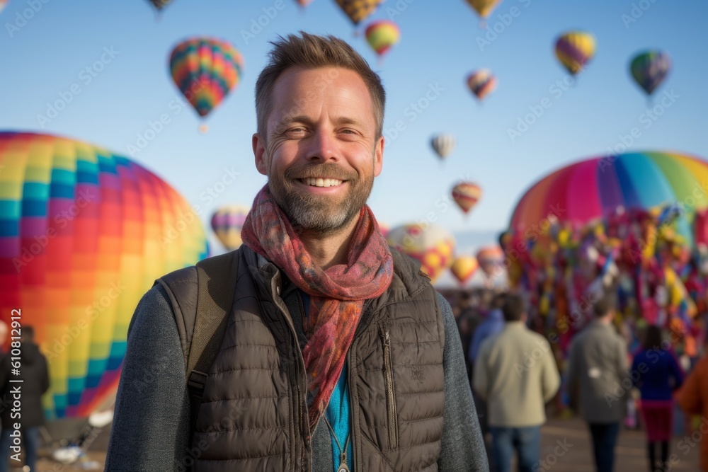 Medium shot portrait photography of a pleased man in his 40s that is wearing a charming scarf against a colorful balloon festival with hot air balloons in the sky background .  Generative AI
