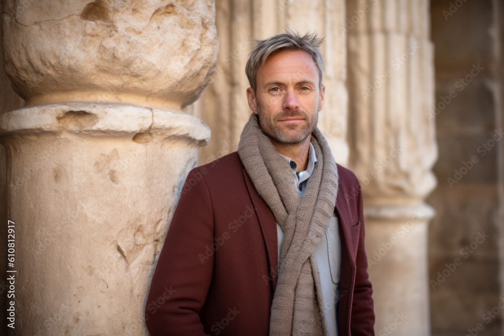 Medium shot portrait photography of a pleased man in his 40s that is wearing a chic cardigan against a roman or ancient architecture background . Generative AI Medium shot portrait photography of a pleased man in his 40s that is wearing a chic cardigan against a roman or ancient architecture background . Generative AI