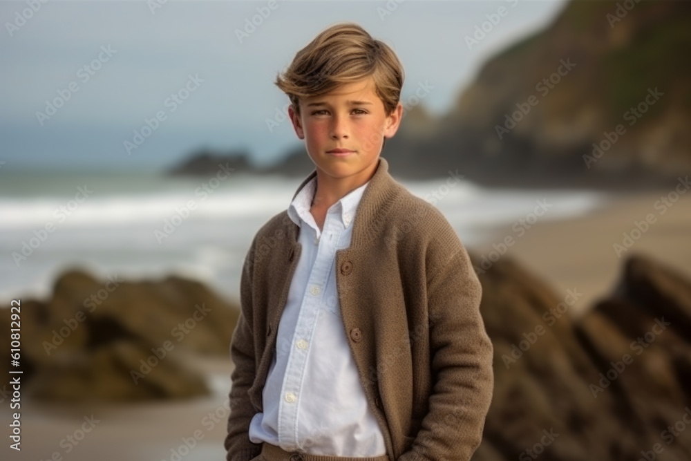 Portrait of a young boy standing on the beach looking at camera