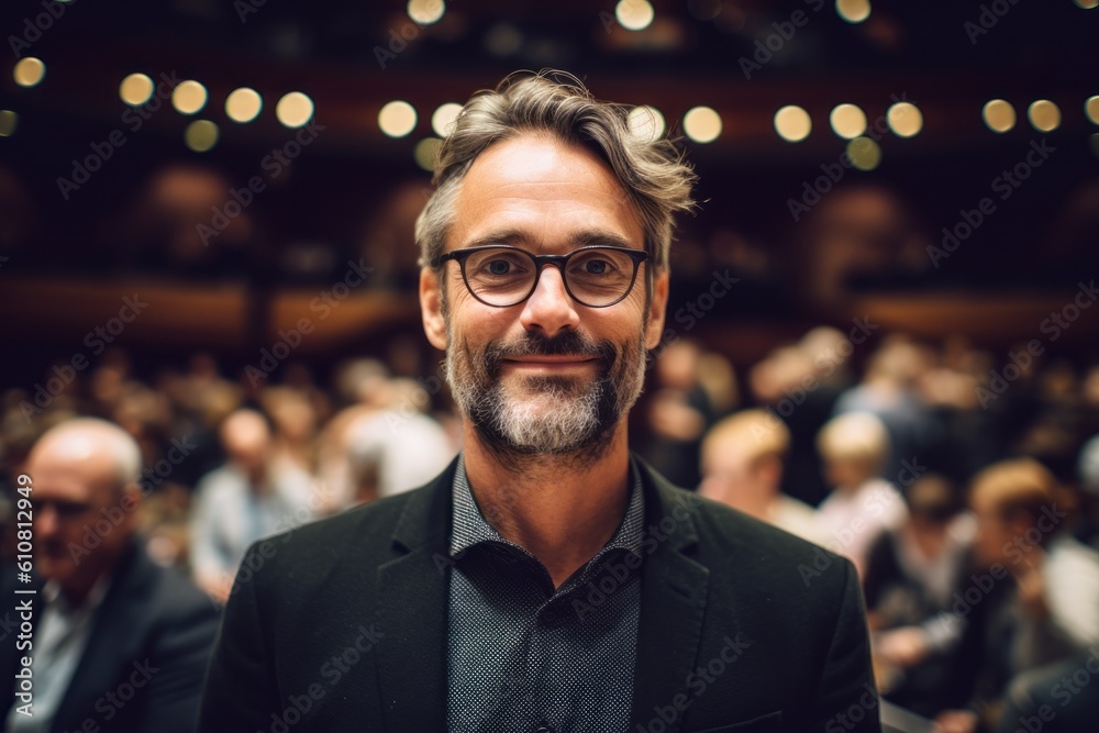 Portrait of a handsome man with glasses standing in front of a business conference Portrait of a handsome man with glasses standing in front of a business conference