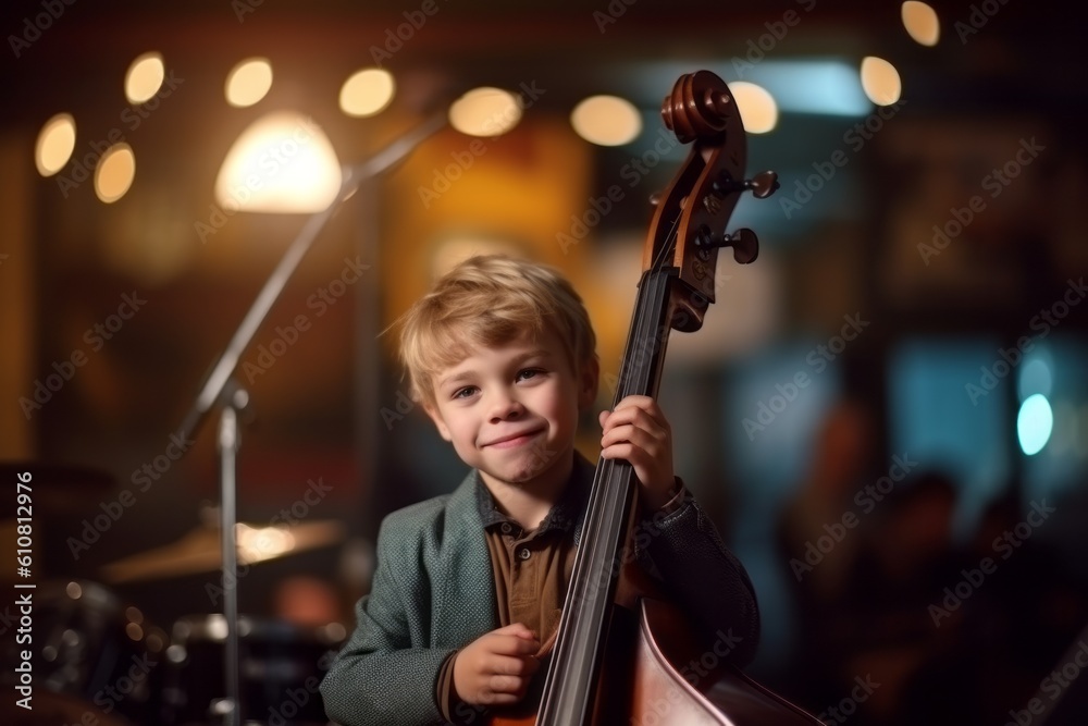 Fototapeta premium Cute little boy playing the cello at the music school.