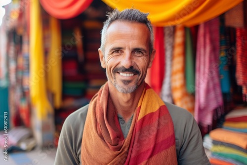 Medium shot portrait photography of a pleased man in his 40s that is wearing a charming scarf against a traditional moroccan market with bright colors and flavors background . Generative AI