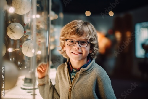 Medium shot portrait photography of a satisfied child male that is wearing a chic cardigan against an interactive science museum with hands-on exhibits background . Generative AI
