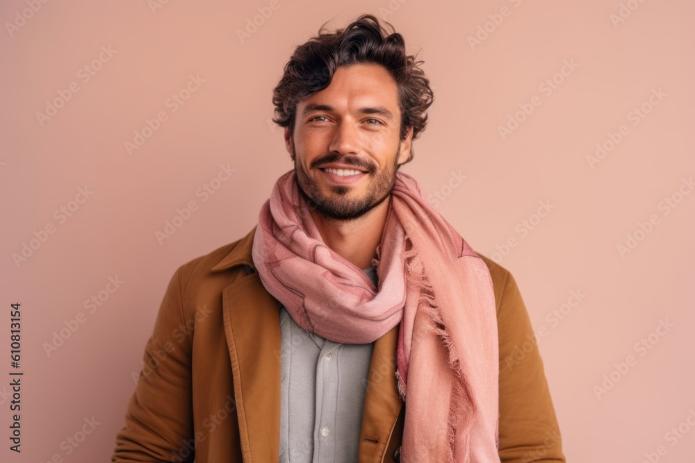 portrait of handsome young man in coat and scarf on pink background portrait of handsome young man in coat and scarf on pink background