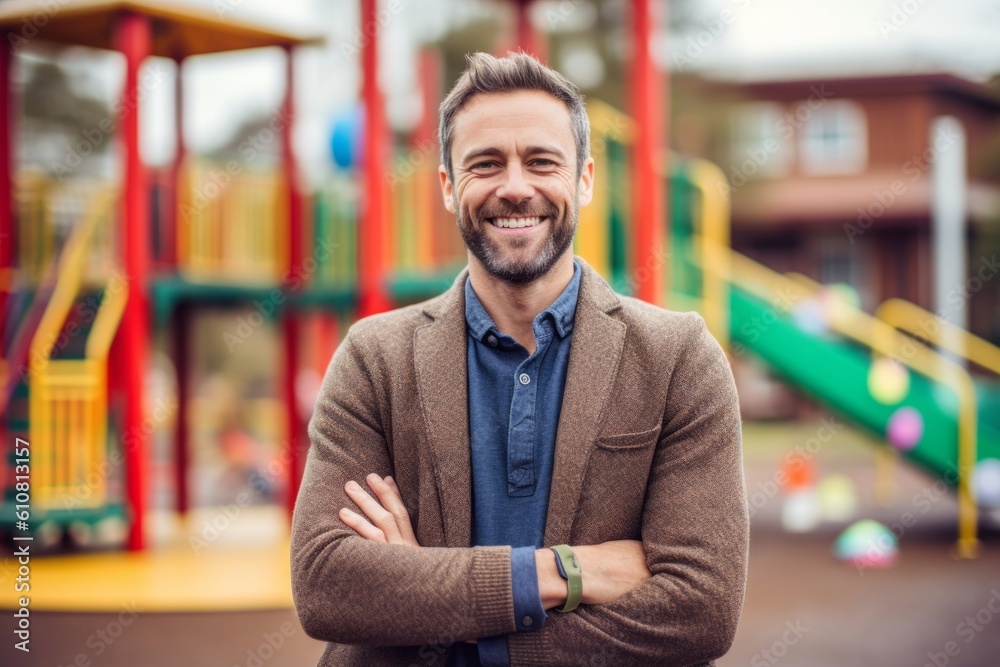 Fototapeta premium Portrait of a smiling man standing with arms crossed at the playground