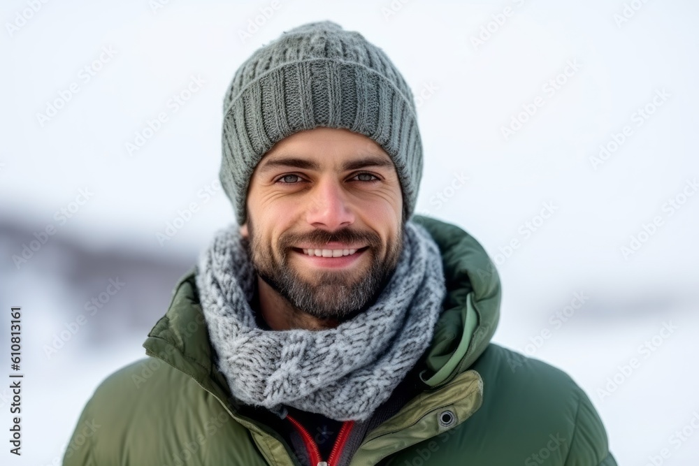 Portrait of a handsome young man in winter clothes smiling at camera Portrait of a handsome young man in winter clothes smiling at camera