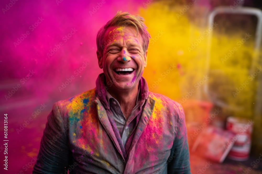 Portrait of a happy man with colored powder. Holi festival.