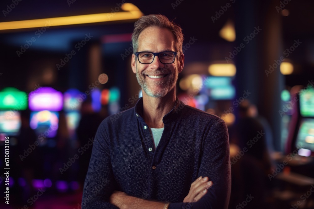 Portrait of smiling man with arms crossed standing in casino at night Portrait of smiling man with arms crossed standing in casino at night