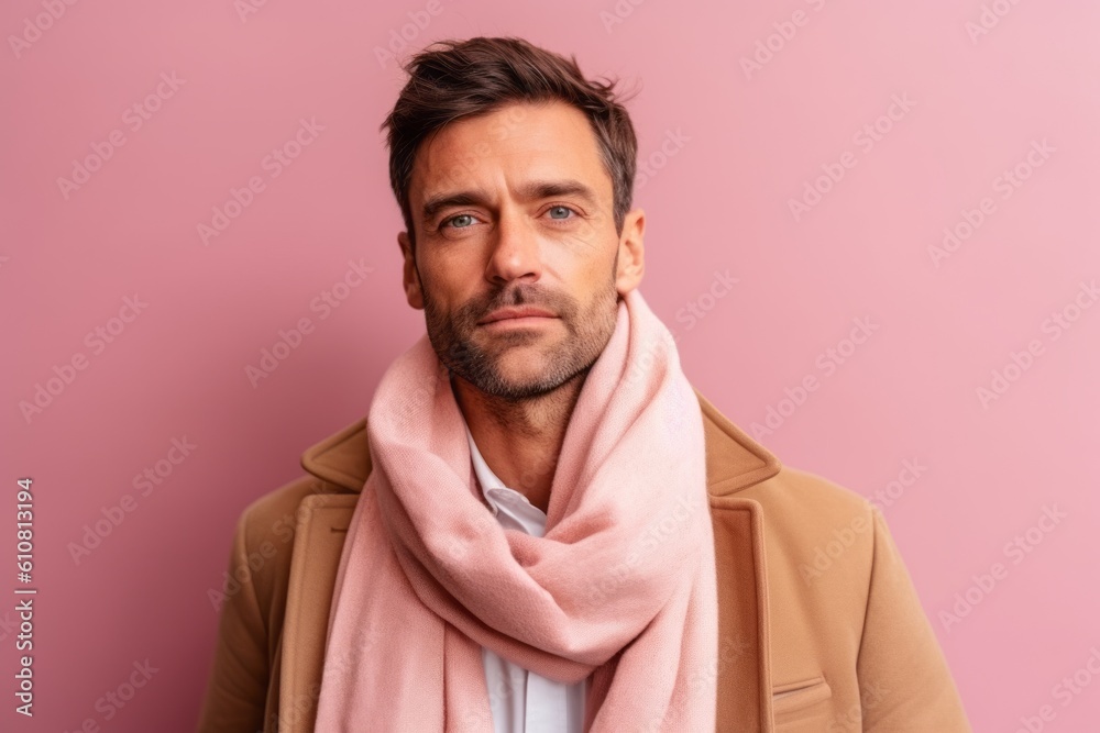 Obraz premium Handsome young man in coat and scarf looking at camera while standing against pink background