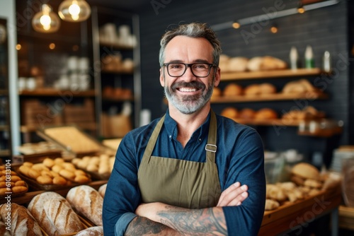 Medium shot portrait photography of a pleased man in his 40s that is wearing a chic cardigan against a busy bakery with freshly baked goods and bakers at work background . Generative AI