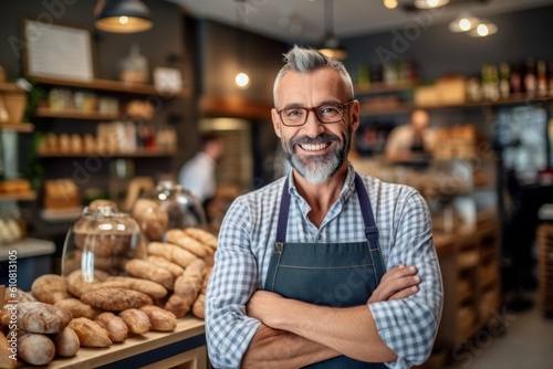 Portrait of smiling mature man standing with arms crossed in bakery shop