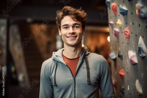 Medium shot portrait photography of a satisfied man in his 20s that is wearing a chic cardigan against an indoor rock climbing wall with climbers background . Generative AI