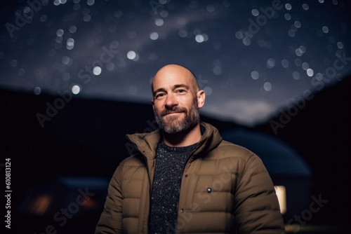 Portrait of a bearded man in the city at night with stars in the background