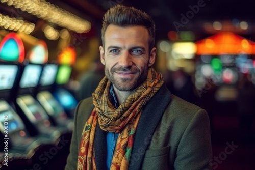 Portrait of a young handsome man in a casino playing slot machine