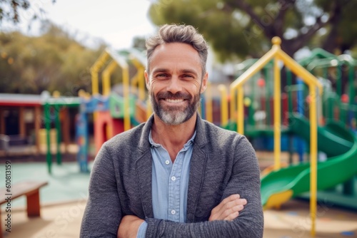 Portrait of smiling mature man standing with arms crossed at children playground