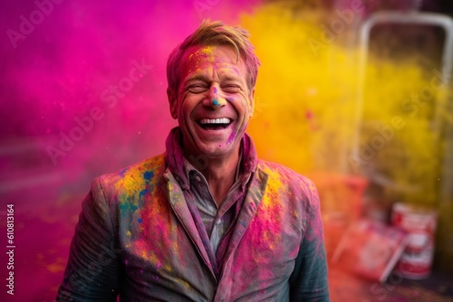 Portrait of a happy man with colored powder. Holi festival.